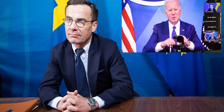 Prime Minister Ulf Kristersson with President Joe Biden on screen at a digital meeting