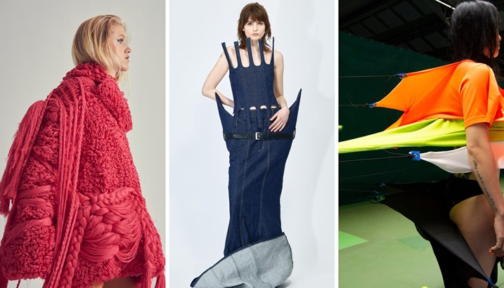 Bild på tre modekreationer gjorda av svenska studenter;