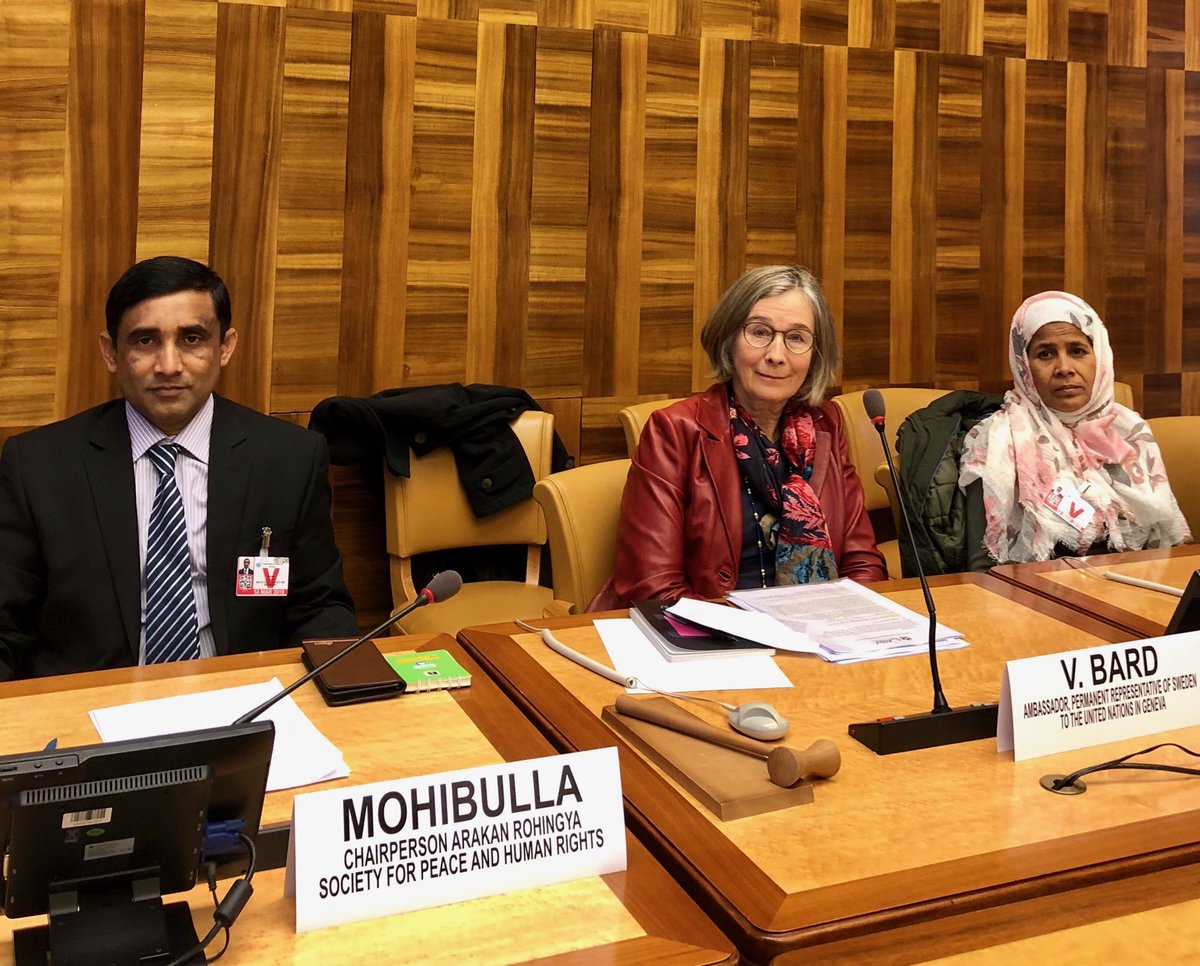 Ambassador Veronika Bard with Rohingya leaders: Ms Khatun (on her right side) and Mr Mohibulla (on her left side)