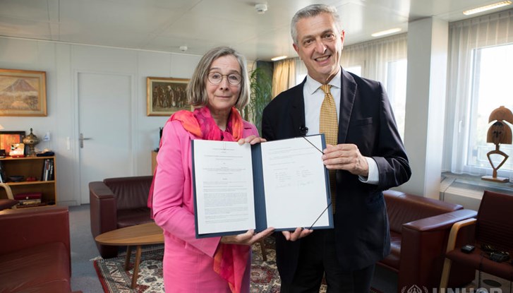 UN High Commissioner for Refugees, Filippo Grandi signs agreement with Swedish Ambassador, Veronika Bard at UNHCR Headquarters in Geneva, Switzerland