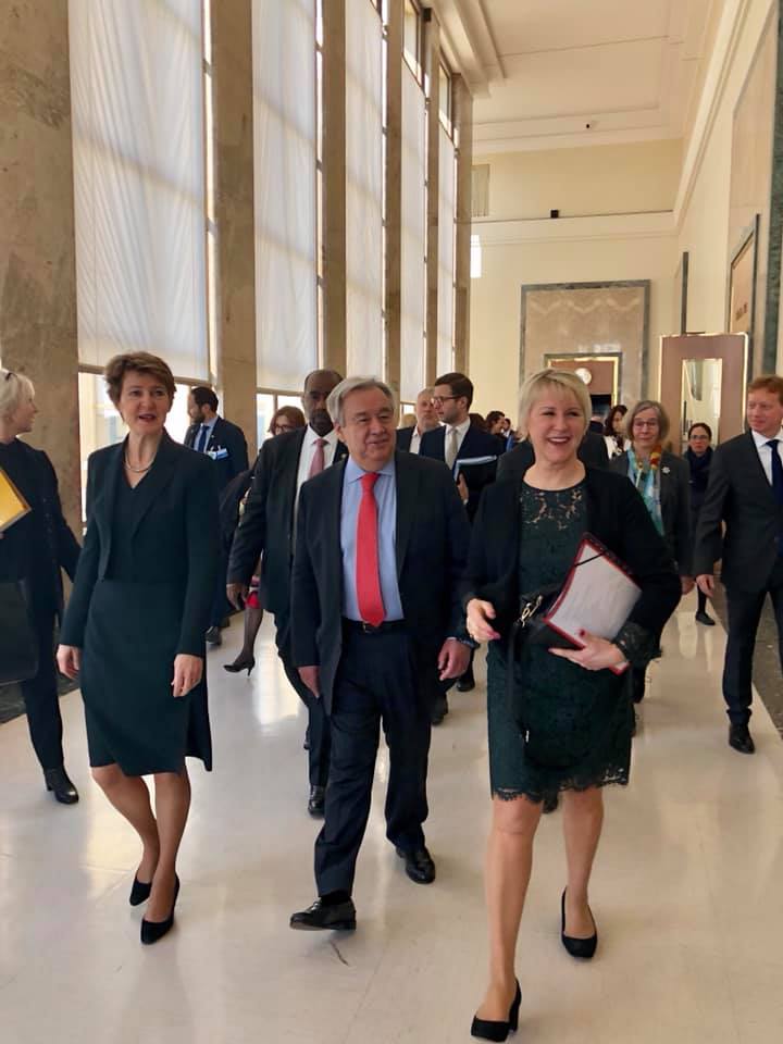 Minister for Foreign Affairs of Sweden Margot Wallström together with Secretary-General António Guterres and Vice President of the Federal Council Switzerland Simonetta Sommaruga