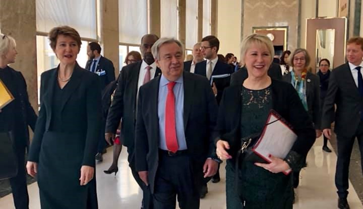 Minister for Foreign Affairs of Sweden Margot Wallström together with Secretary-General António Guterres and Vice President of the Federal Council Switzerland Simonetta Sommaruga