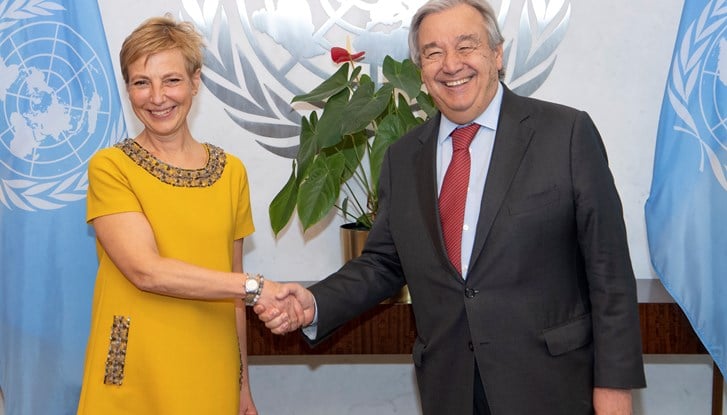 Anna Karin Eneström (left), new Permanent Representative of Sweden to the United Nations, presents her credentials to United Nations Secretary-General António Guterres.