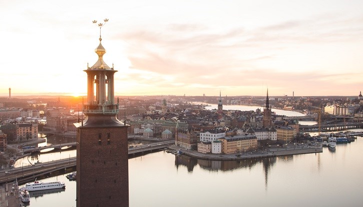 View over Riddarholmen and the tower of the City Hall in Stockholm