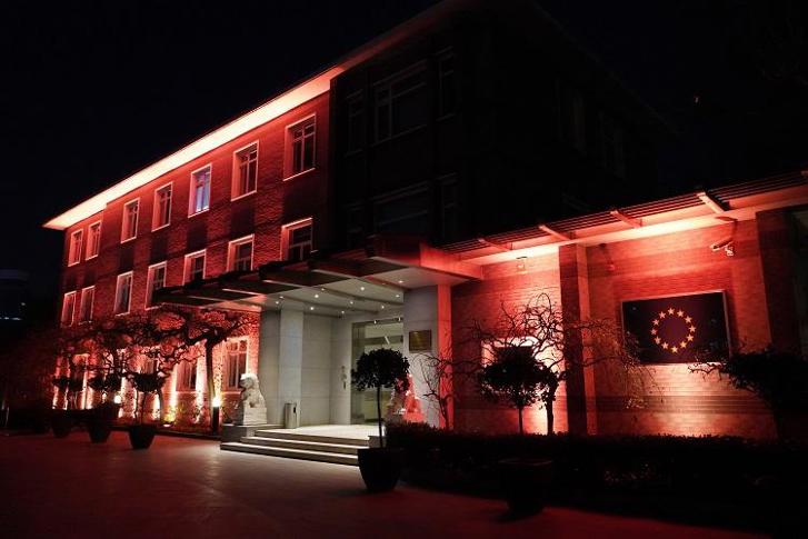 EU building in orange light