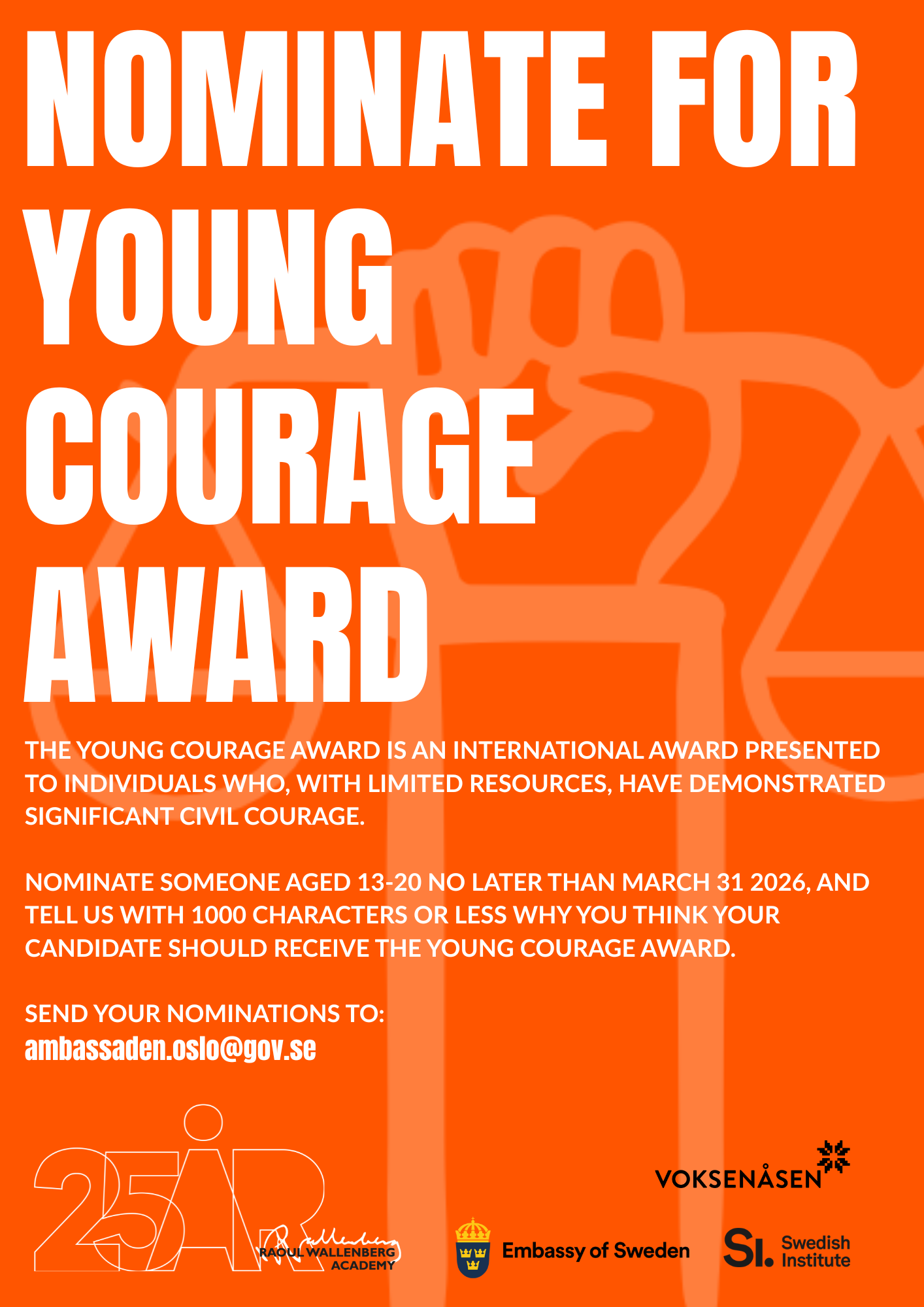 Poster promoting nomination for young courage award 2026
