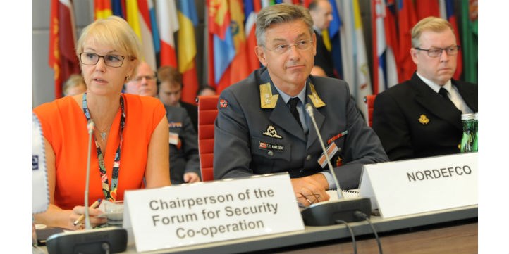 Ambassador Ulrika Funered and State Secretary Jan Salestrand at theopening session of the FSC under Sweden’s Chairmanship, Vienna, 5 September 2018