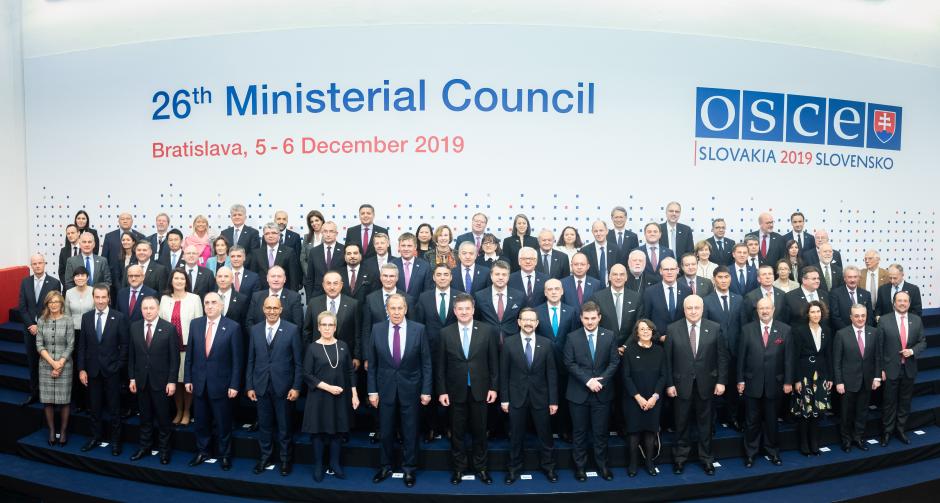 OSCE Foreign Ministers and Heads of Delegations pose for a family photo at the 26th Ministerial Council in Bratislava, 5 December 2019, Credit: OSCE/Tomáš Bokor