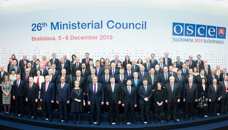 OSCE Foreign Ministers and Heads of Delegations pose for a family photo at the 26th Ministerial Council in Bratislava, 5 December 2019, Credit: OSCE/Tomáš Bokor