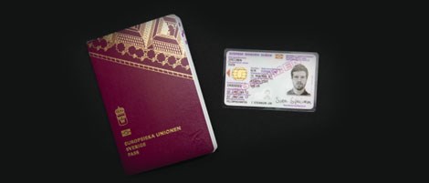Bilden visar ett svenskt pass och nationellt id-kort
