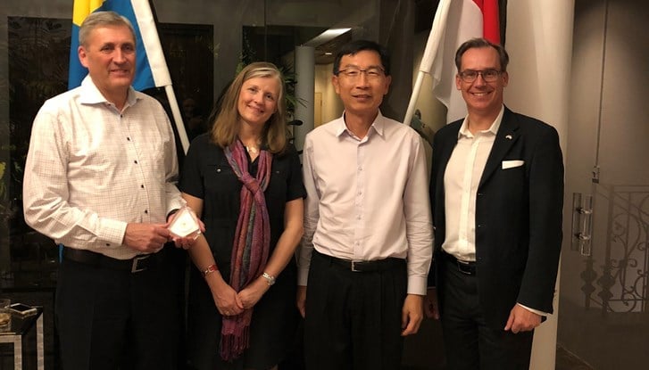Peter Bager together with Birgitta Bager, Mr Tan Peng Yam and Ambassador Håkan Jevrell