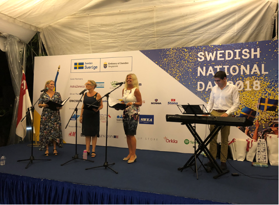 The trio “Svenska Ensemblen” with singers Ms Karin Widell, Ms Elisabeth Raun and Ms Jenny Hällen Hedberg perform traditional Swedish summer songs