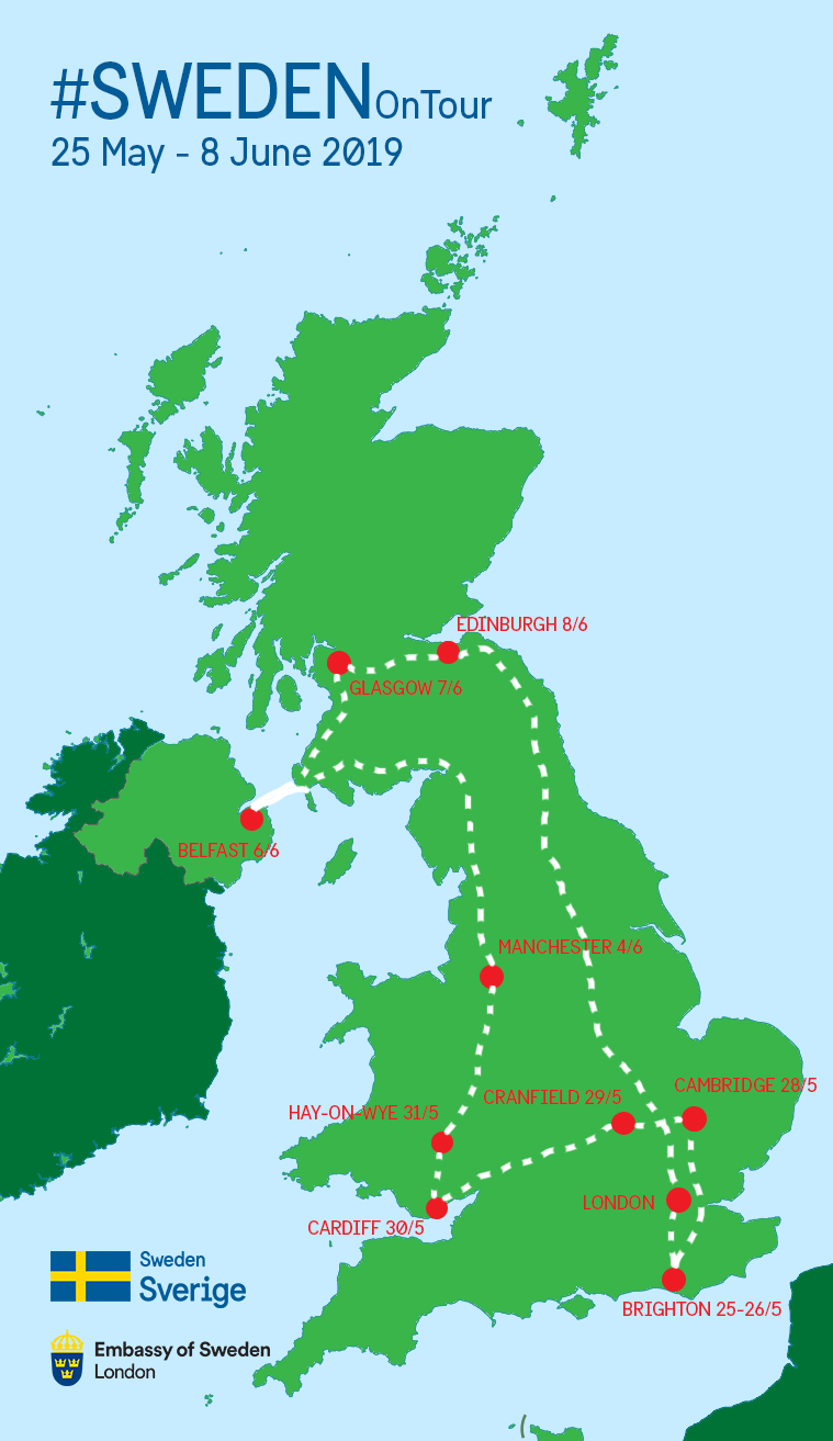 Image of map of the UK with Sweden on tour route