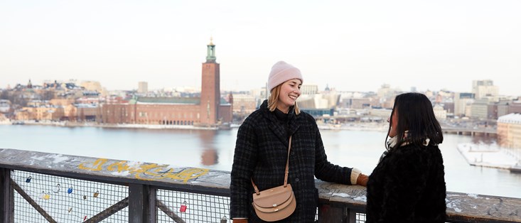 Bilden visar två personer som har utsikt över Stockholms stadshus